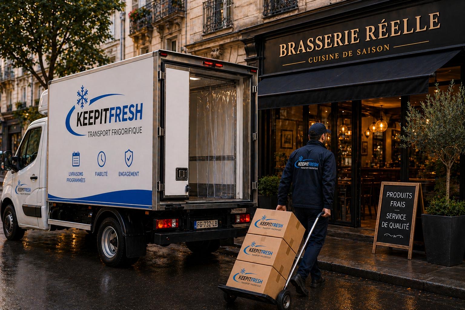 Livraison de produits frais devant une brasserie parisienne